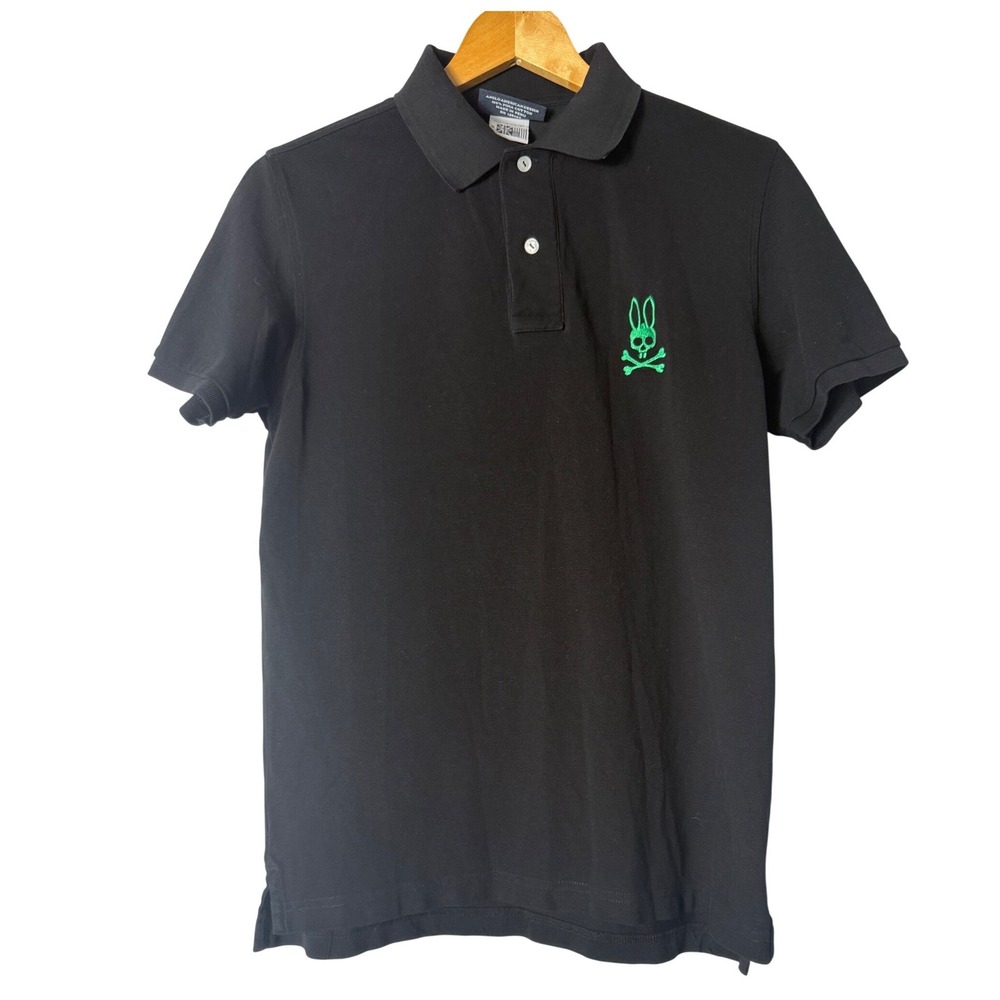 Psycho Bunny Polo Sz Med/5 Black Neon Green Embroidered Logo Pima Cotton Shirt